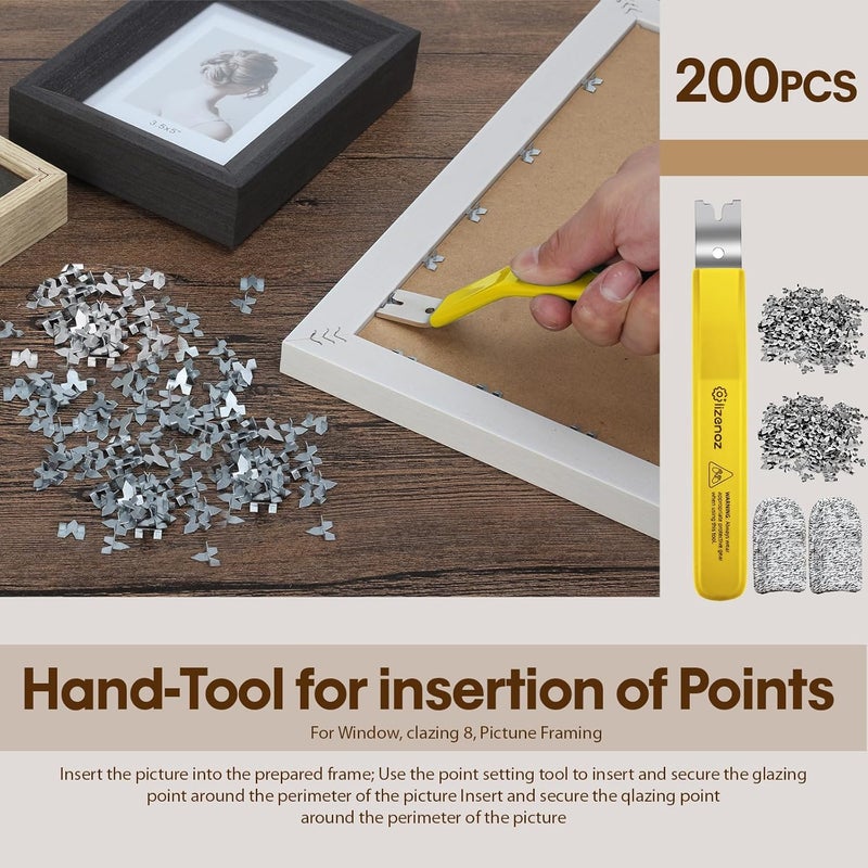 lizenoz Yellow Glazier Point Driver Tool with 200 Glazing Points & 2 Finger Cots - for Framing Glass, Pictures, Cross Stitch - Rust-Resistant Iron/Zinc Push Points, Easy-Grip Handle - Image 2